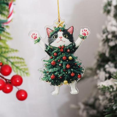 2D Christmas Cat Pendant Acrylic Decorative Cat Hanging Ornaments Xmas Black Cat Pendant Cartoon Cat Car Pendant Christmas Day