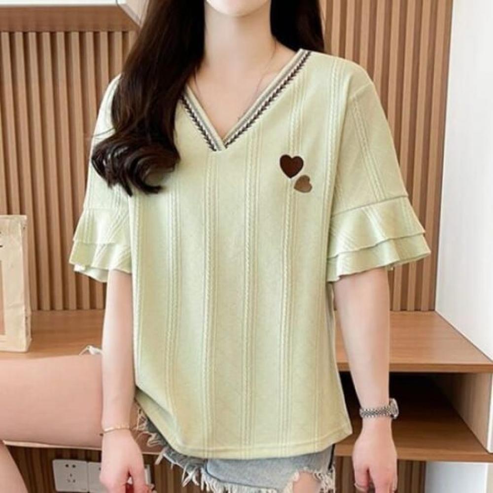 NaVaVa V Neck Cable KniT ShorT sleeVe T shirT hearT Embroidery nT2616