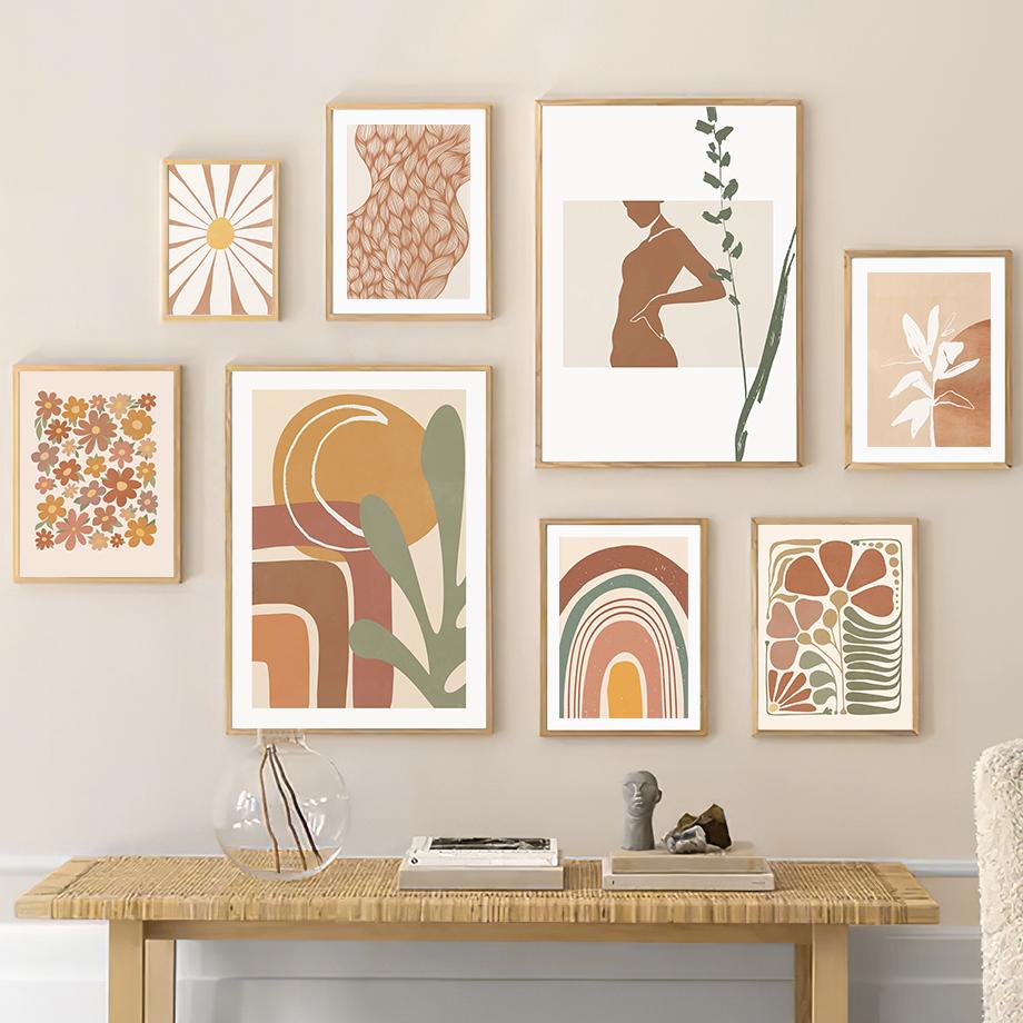 Boho Minimalistisch Sonne Regenbogen Blume Blätter Wandkunst Leinwandbild Abstrakt Nordische Poster Drucke Bilder Für Wohnzimmer Dekoration