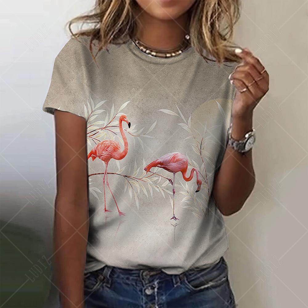 

Модная женская футболка с 3D-принтом фламенко и короткими рукавами, летняя одежда большого размера из полиэфирного волокна L