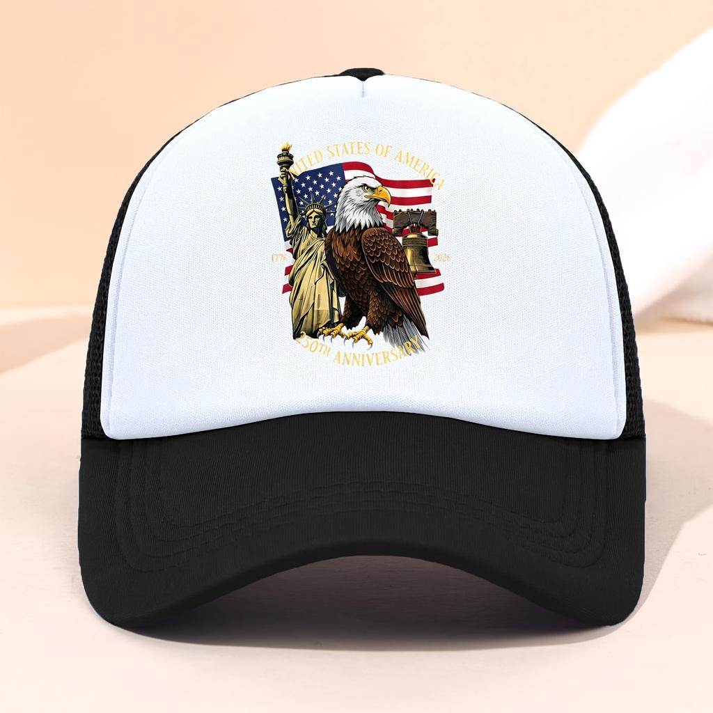Th Anniversary Trucker Cap for USA Independence Day Featuring a Graphic of The Statue of Liberty And Eagle Flag Perfect