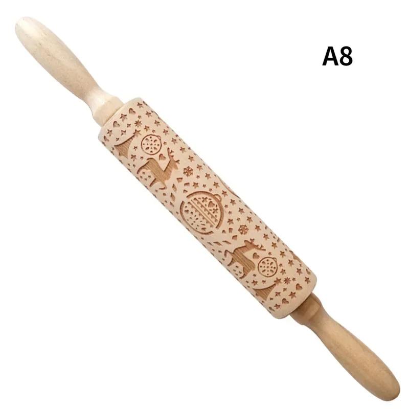 Wood Christmas Printing Rolling Pin Wooden Carvings Embossing Elk Snowflake Christmas Tree Snowman Rolling Pin Cookies Crafts