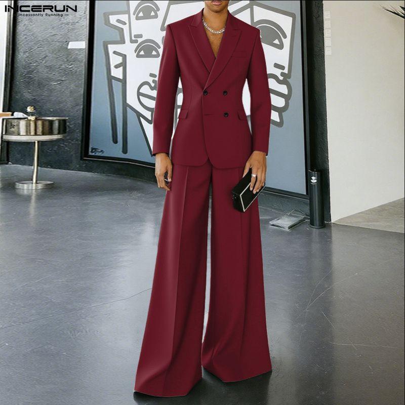 INCERUN Men Peak Lapel Long Sleeve Thin Blazer Long Pants Two Piece Suit Casual Outfits Sets
