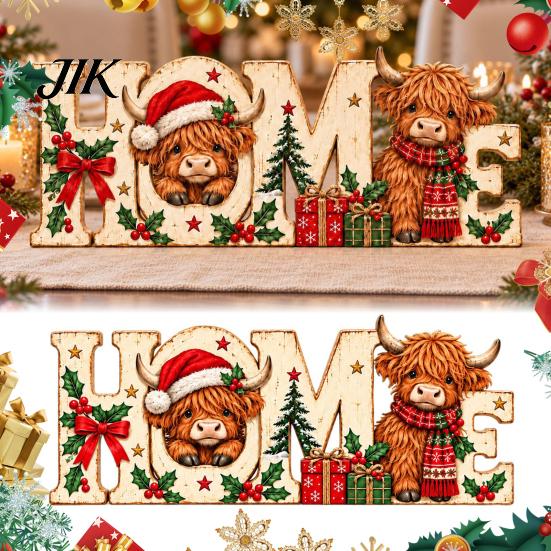 Standing Wooden Signs for Entryways Highland Cow Home Ornament, 2D Tabletop Sign, Rustic Tiered Tray Christmas Decorations Festive Centerpiece Mantel