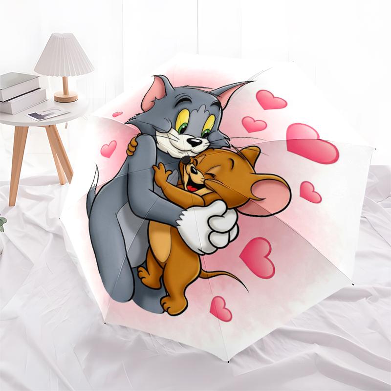 1pc Tom and Jerry pattern Umbrella Portable Folding Umbrella Iron Frame Hole Bone Structure Outdoor Home Umbrella