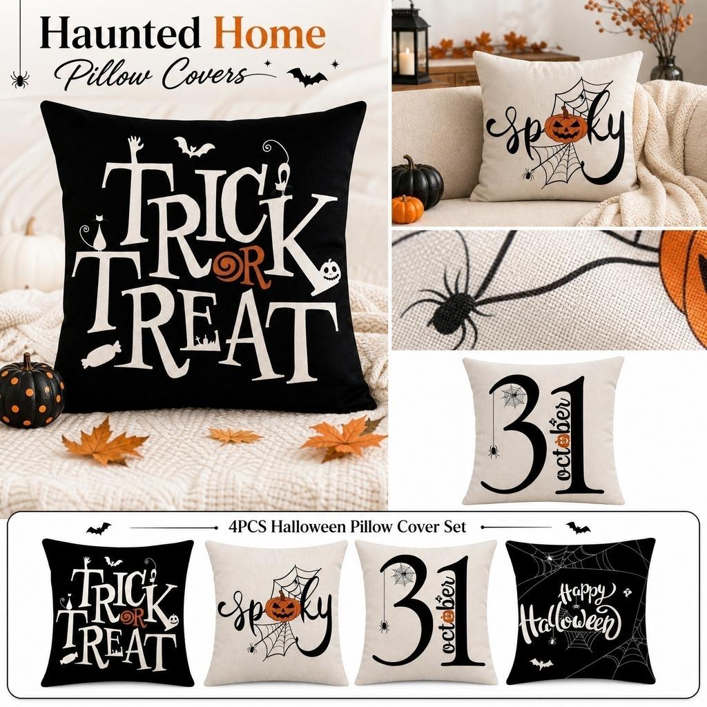 4PCS Halloween Pillow Covers Linen Printed Cushion Covers Home Decorative Throw Pillow Cases for Sofa Bed Chair
