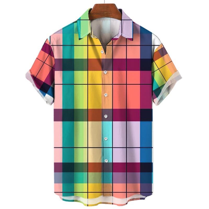

Гавайская радужная красочная клетчатая рубашка для мужчин, свободная 3d модная повседневная с коротким рукавом, простая пляжная одежда на пуговицах, лето 2XL