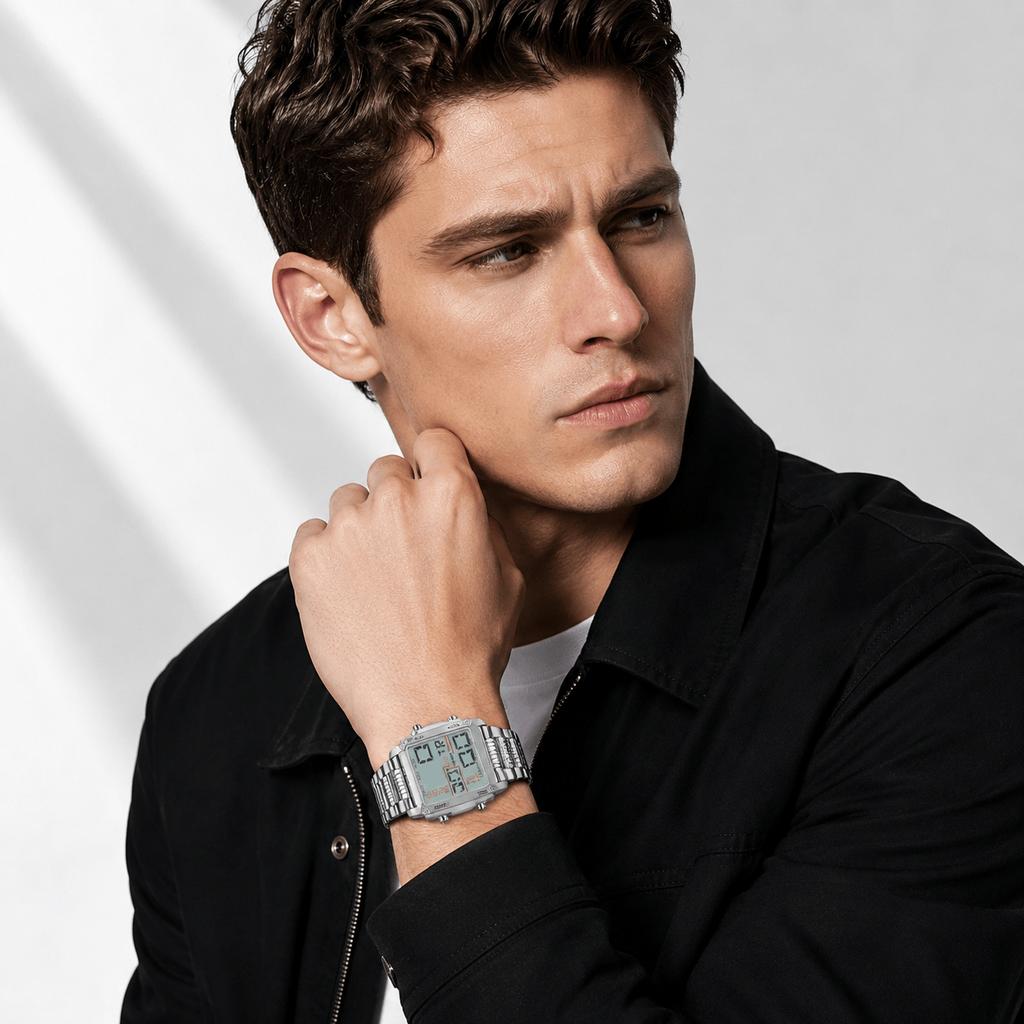 BESTWIN 126-2 Fashion Retro Men's Digital Watch Multifunction Steel Strap Waterproof Sporty Casual Male Watch Gift