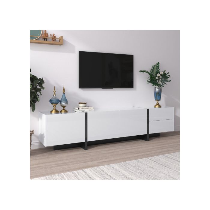 Meuble TV - MUVOE - Noir et Blanc - 3 Portes - 2 Tiroirs - Design Contemporain