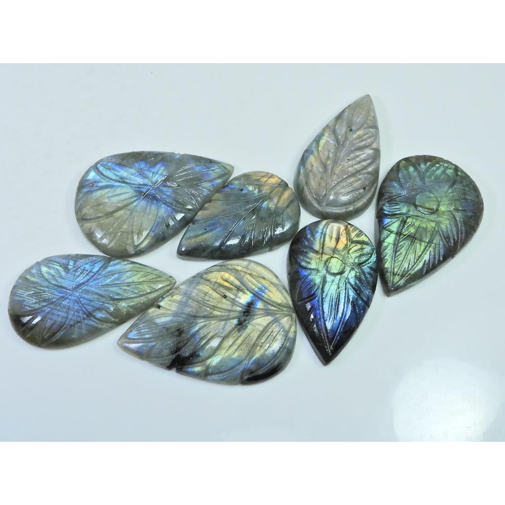 323Cts. Natural Labradorite Carving Pear Cabochon Loose Gemstone 07 Pcs Lot LL-1123