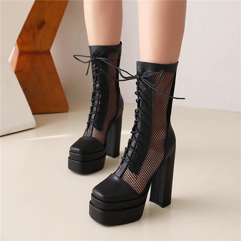 Women's High-heeled Short Boots Sexy European and American Style Waterproof Platform Thick-heeled Large-size Net Boots