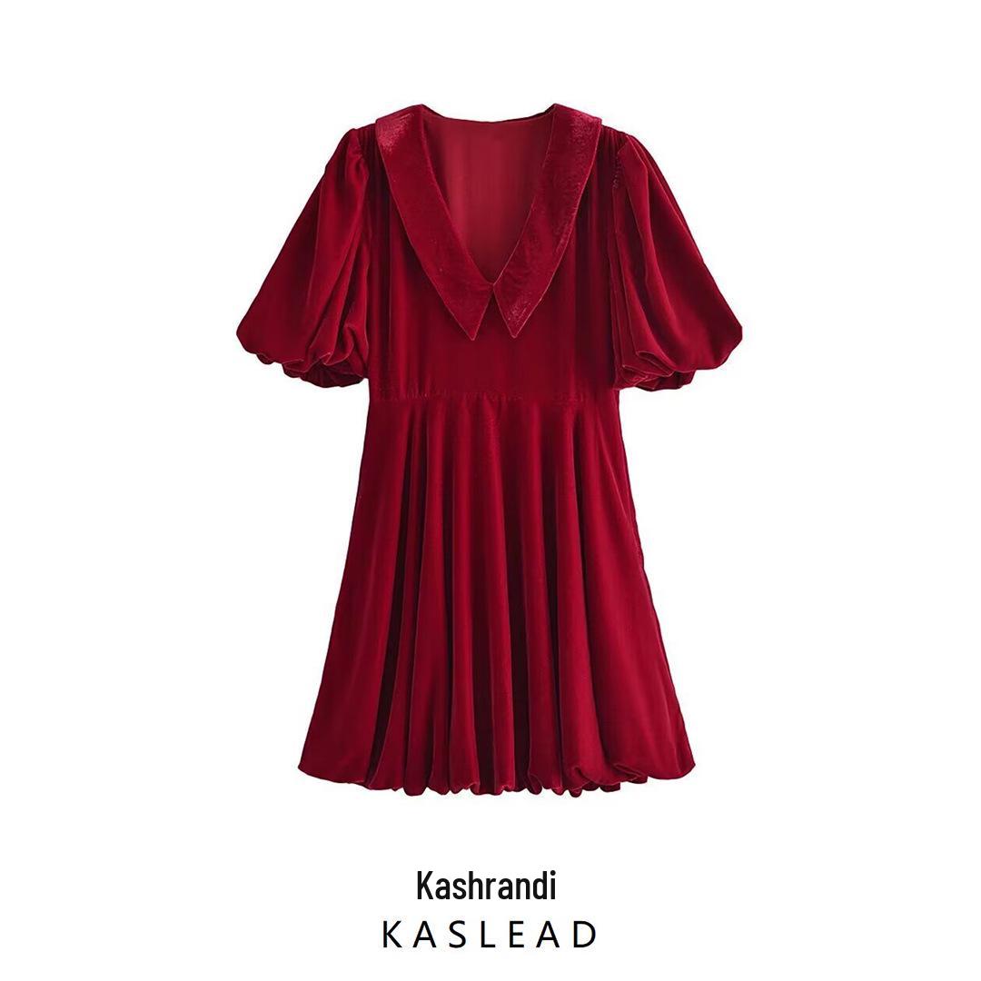 

2024 Winter Women s Red Velvet Puff Sleeve Dress in European & American Style L червоний