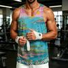 Men's Casual Hawaiian Print Outdoor Sports Tank Top Sleeveless Crew Neck Summer Beachwear Lightweight Breathable Fabric