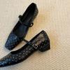 Sheepskin version~ New rivet square head personalized small leather shoes women's one-word buckle low-heeled leather shallow mouth Mary Jane sing