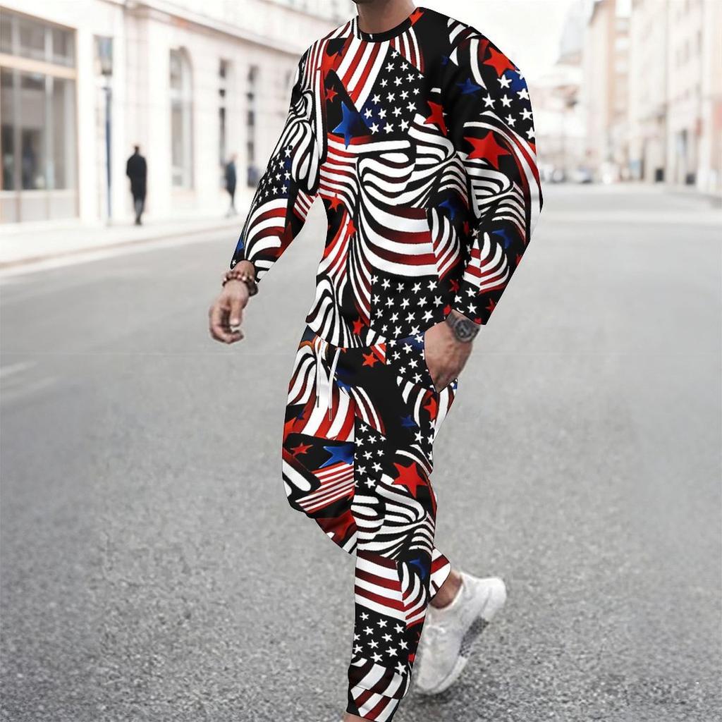 Men Distressed American Flag Star Stripe Print Long Sleeve Sweatshirt And Drawstring Jogger Pants Two Piece Outfit