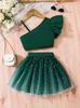 Girls' Flutter Sleeve One-Shoulder Camisole & Bow Gradient Starry Mesh Dress Set