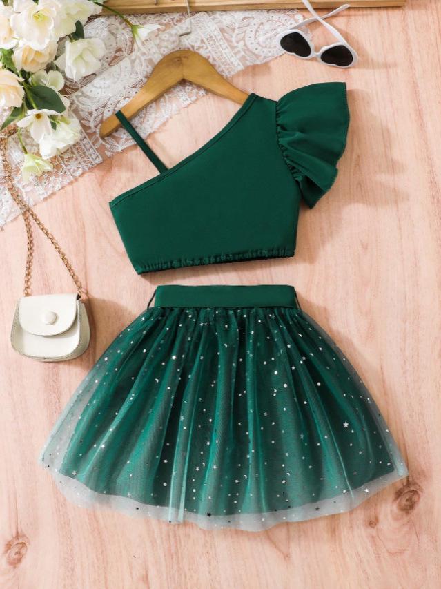 Girls' Flutter Sleeve One-Shoulder Camisole & Bow Gradient Starry Mesh Dress Set