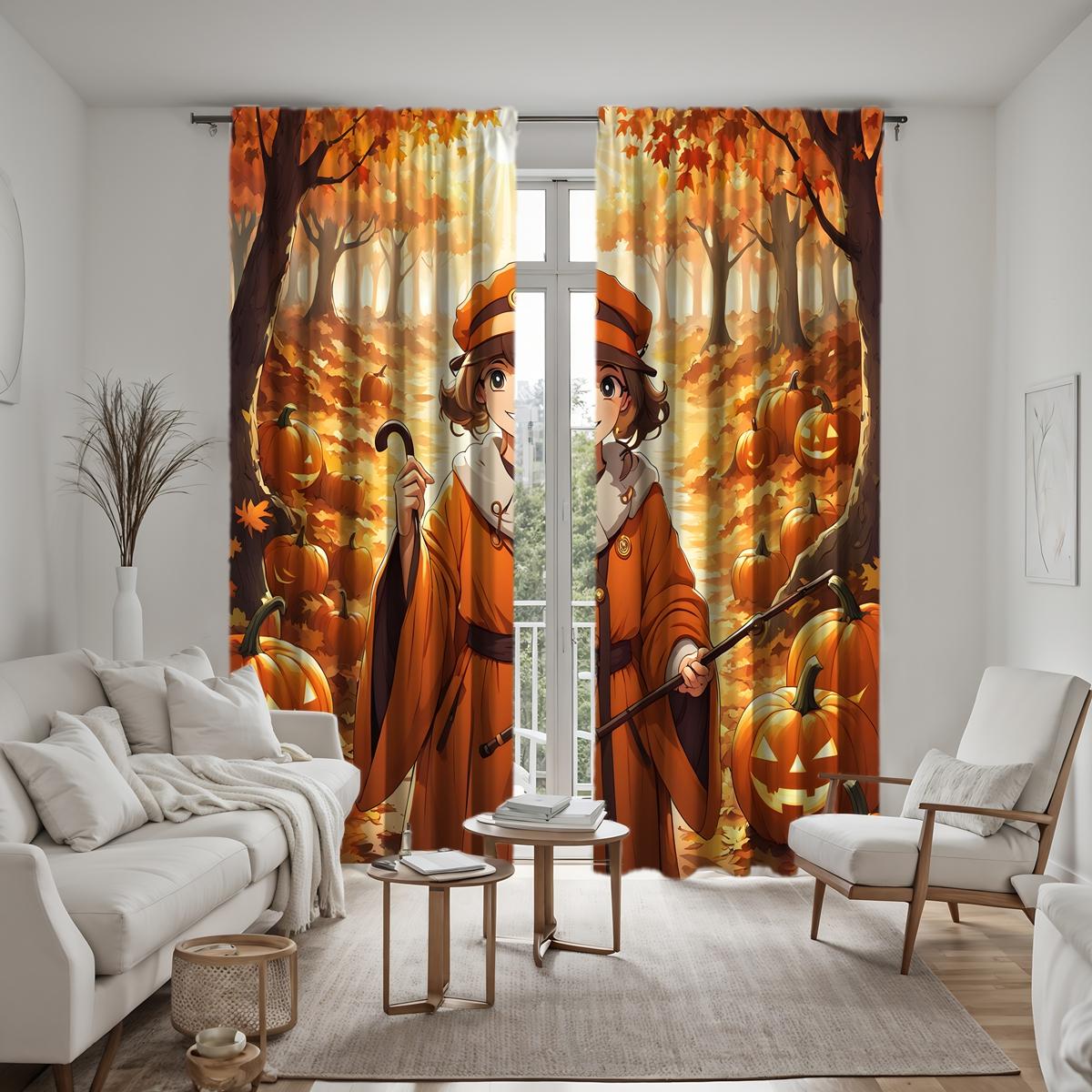 

2 шт. HD кленовый лист лес принц Джек-фонарь занавеска с тростью в руке желтый галстук цифровая печать занавеска домашний декор sty W52H63inchW132H160cm