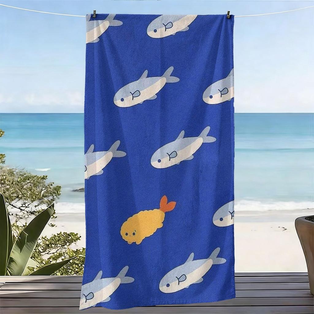 1pc, Oversized Soft Beach Towel in a Cartoon Fish Style, Featuring a Small Fish and Yellow Croaker Fish Print Pattern,Microfiber