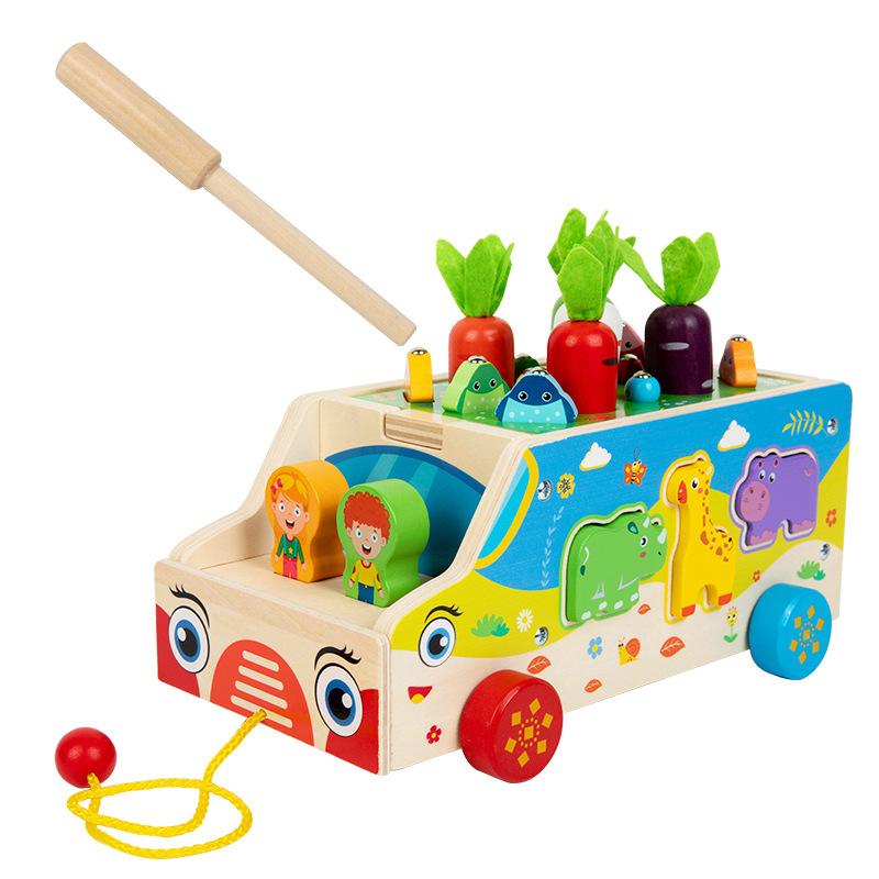 Seven-In-One Multi-Functional Pairing Car Children'S Educational Early Education Catch Insects And Pull Radishes Animal Pairing Wooden Toys