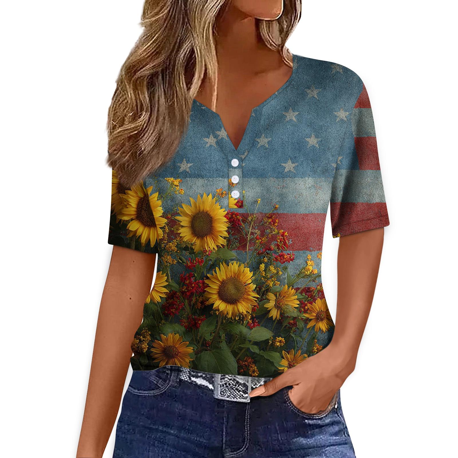 

Women s Casual V Neck Short Sleeve T Shirt with Decorative Buttons Sunflower and Star Print Lightweight Top for Summer S