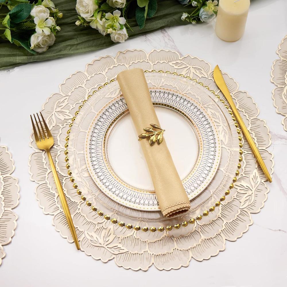 Creative Kitchen Round Placemats PVC Gold Place Mats Washable Flower Leaf Dining Table Mats Party Table Decorative