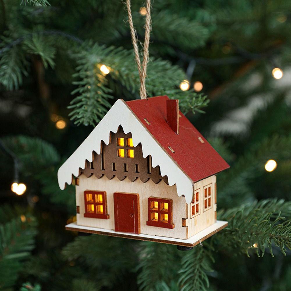 Decorative Christmas Snow House Pendant Elk Hanging Lighting Glowing Log Cabin Mini Christmas Tree LED Wooden Christmas House