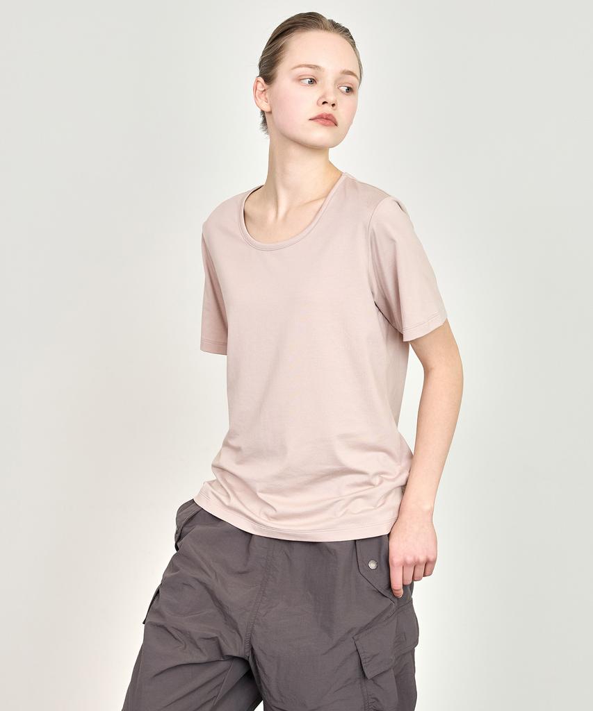 BASIC HOUSE Women'S U-Neck Oversized Stretch Short Sleeve T-Shirt Dark Beige Lats0210