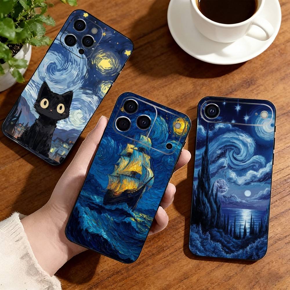 Art Van Gogh Starry Sky Phone Case For iPhone17,16,15,14,13,12,11 Plus,Pro Others Soft Black Cover