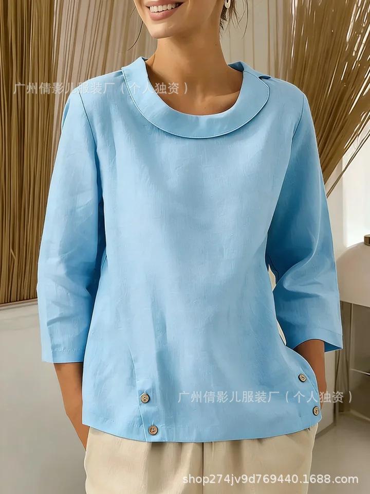 2026 Cotton Linen Plus Size Women's Sailor Collar Top - Loose & Slimming Solid Color Casual Shirt