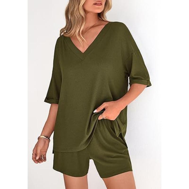 Women S V Neck Short Sleeve Top And Shorts Casual Set