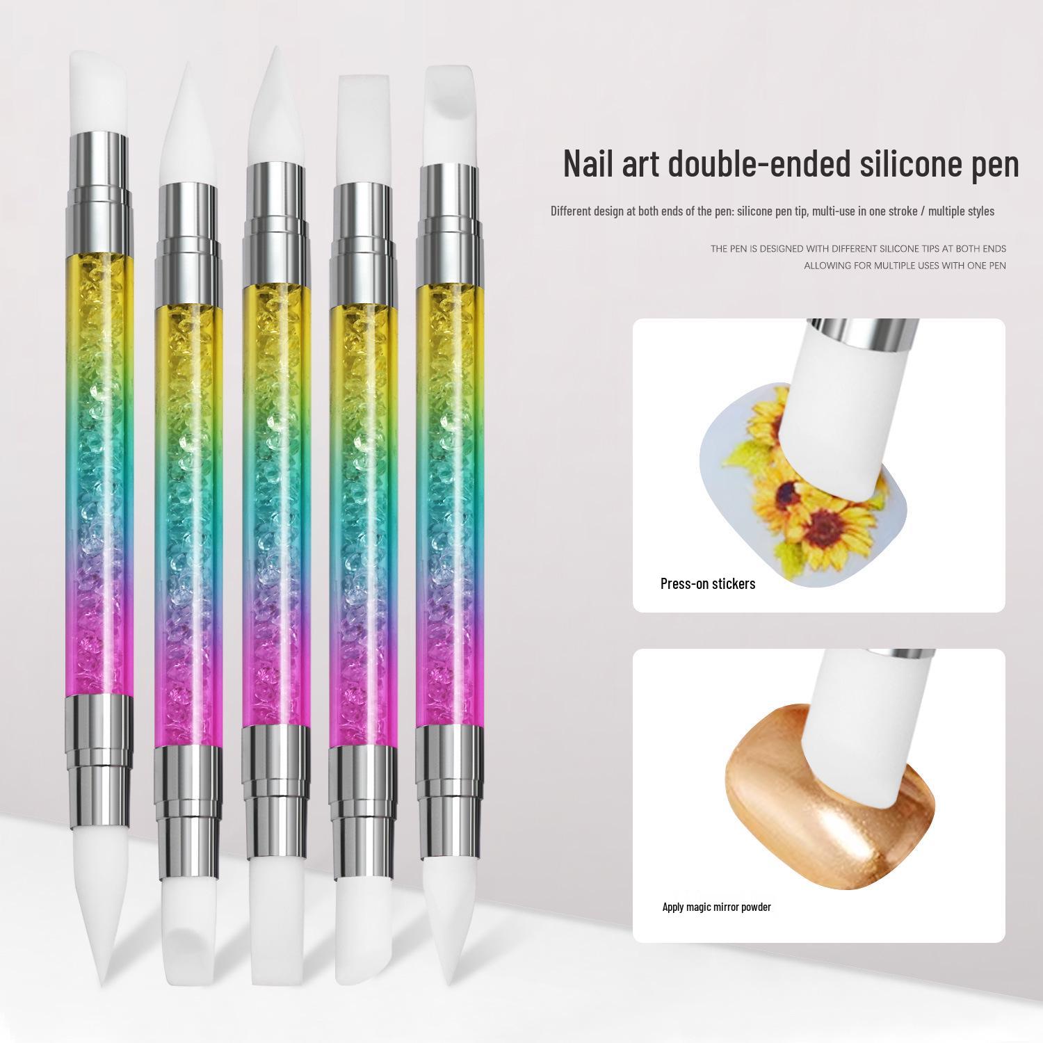 

5-Piece Double-Ended Nail Art Silicone Pen Set with Rhinestones - Hollow Carving, Embossing, Smearing, and Mirror Powder Brushes.