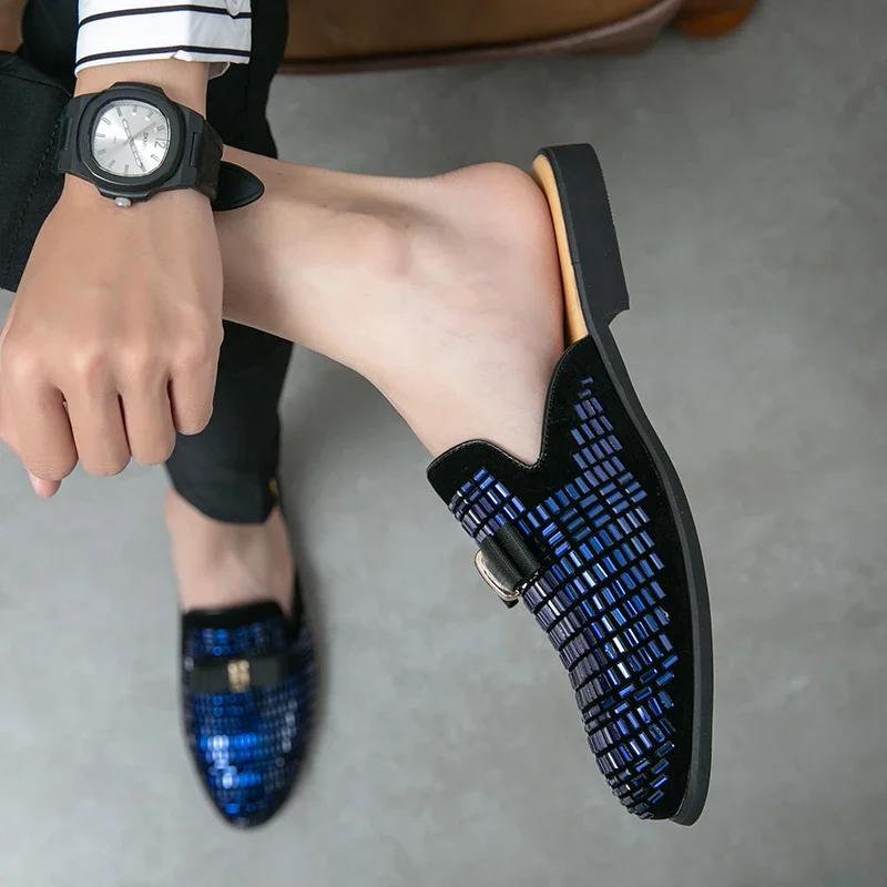 Men Half Slipper Shoes for Men Rhinestone Luxury Loafers Man Male Fashion Casual Shoes Mules