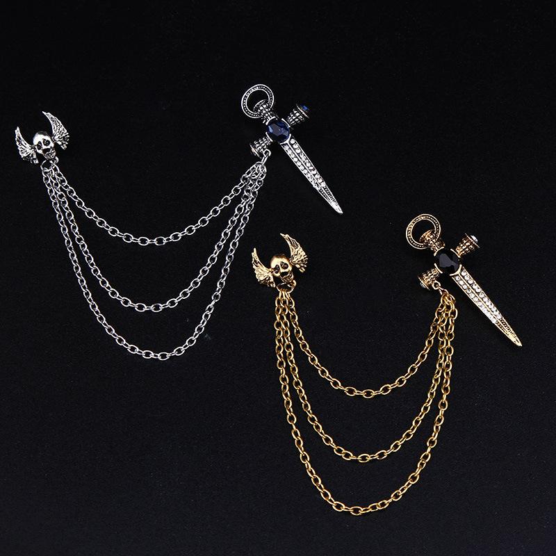 Halloween Hot Sale Chain Personality Skull Badge Wings Sword Vampire Brooch Collar Pin