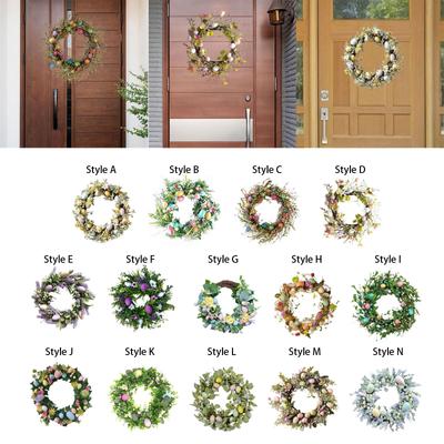Easter Wreath with Pastel Eggs Front Door Wall Hanging Artificial Green Leaves Garland for Party Holiday Home Garden Decoration