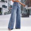 Damen High Waist Wide Leg Jeans mit Retro-Knöpfen und Schlitz für den Herbst