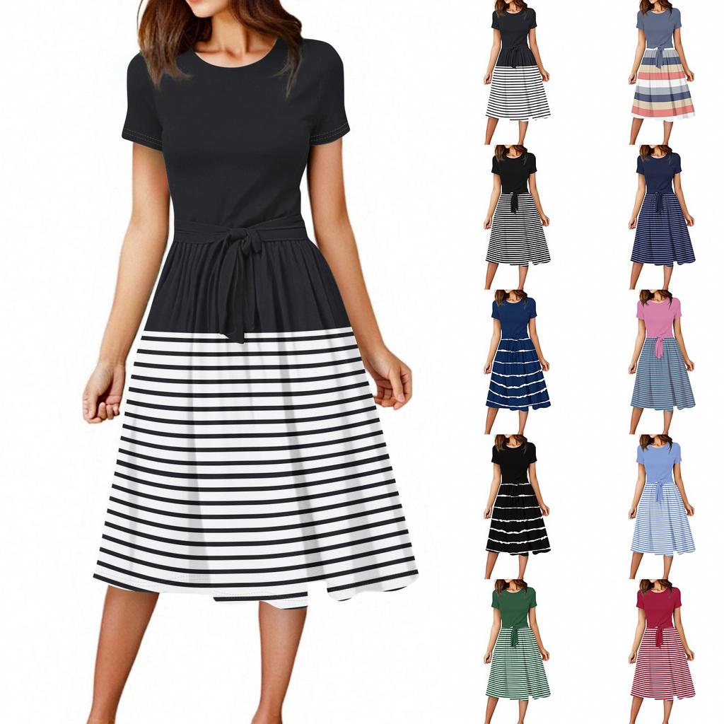 Women's Casual Fashion Belted Striped Printed Short Sleeve Round Neck Elegant Flowing Dress