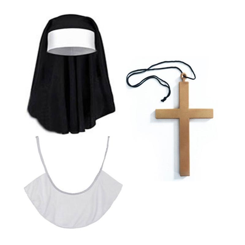 Nonnenkostüm mit Kreuzanhänger-Halskette Nonnenhut Halloween Cosplay Partykostüm