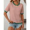 Dámský letní nový kulatý výstřih pruhovaný kolizní barvy krátký rukáv ležérní svetr