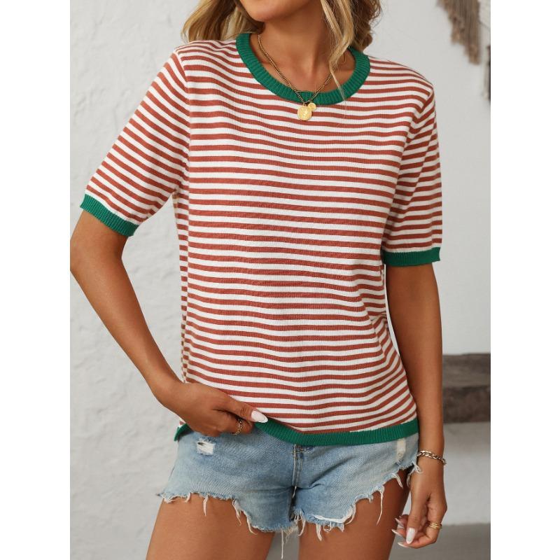 Dámský letní nový kulatý výstřih pruhovaný kolizní barvy krátký rukáv ležérní svetr
