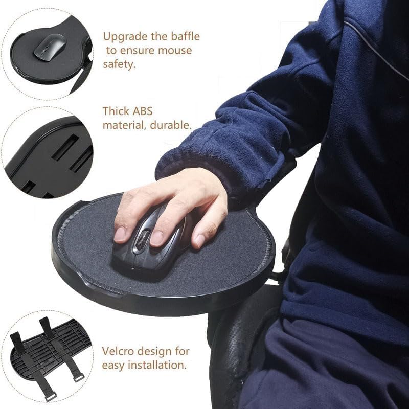 Armrest Mouse Chair Mount Mouse Extension Platform Tray with Mouse Ergonomic Adjustable Pad, Anti-Drop Baffle, (Black)