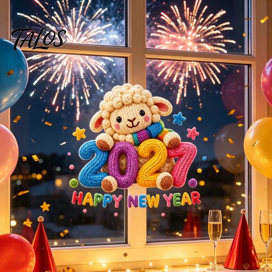 Removable Holiday Stickers Chinese New Year Window Stickers, 2027 Goat Static Clings, Reusable Easy Apply Film Crochet Knit Lamb Decor for Home