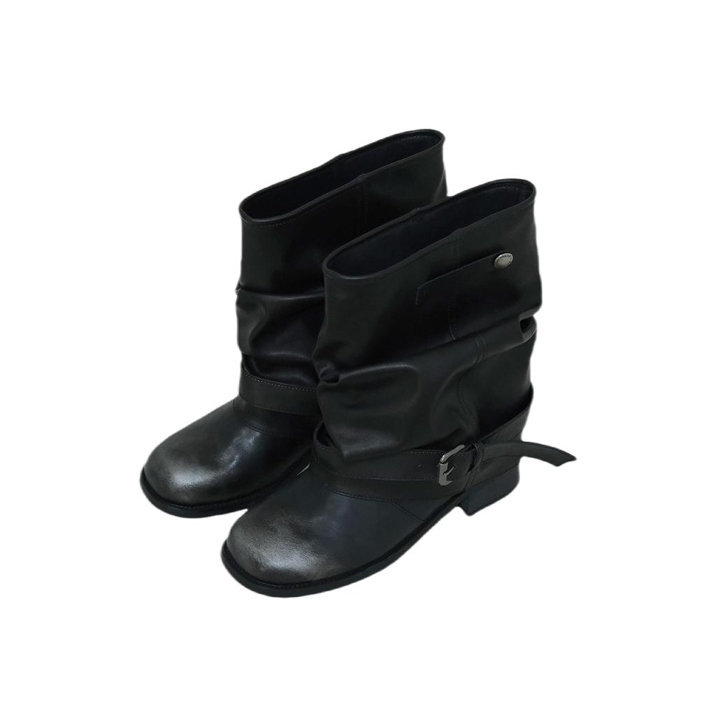 Rindslederversion~ Western-Cowboystiefel Damen Plissee Stiefel mit Blockabsatz Schwarz Runde Spitze Retro Lederstiefel Dicke Ferse Ritterstiefel