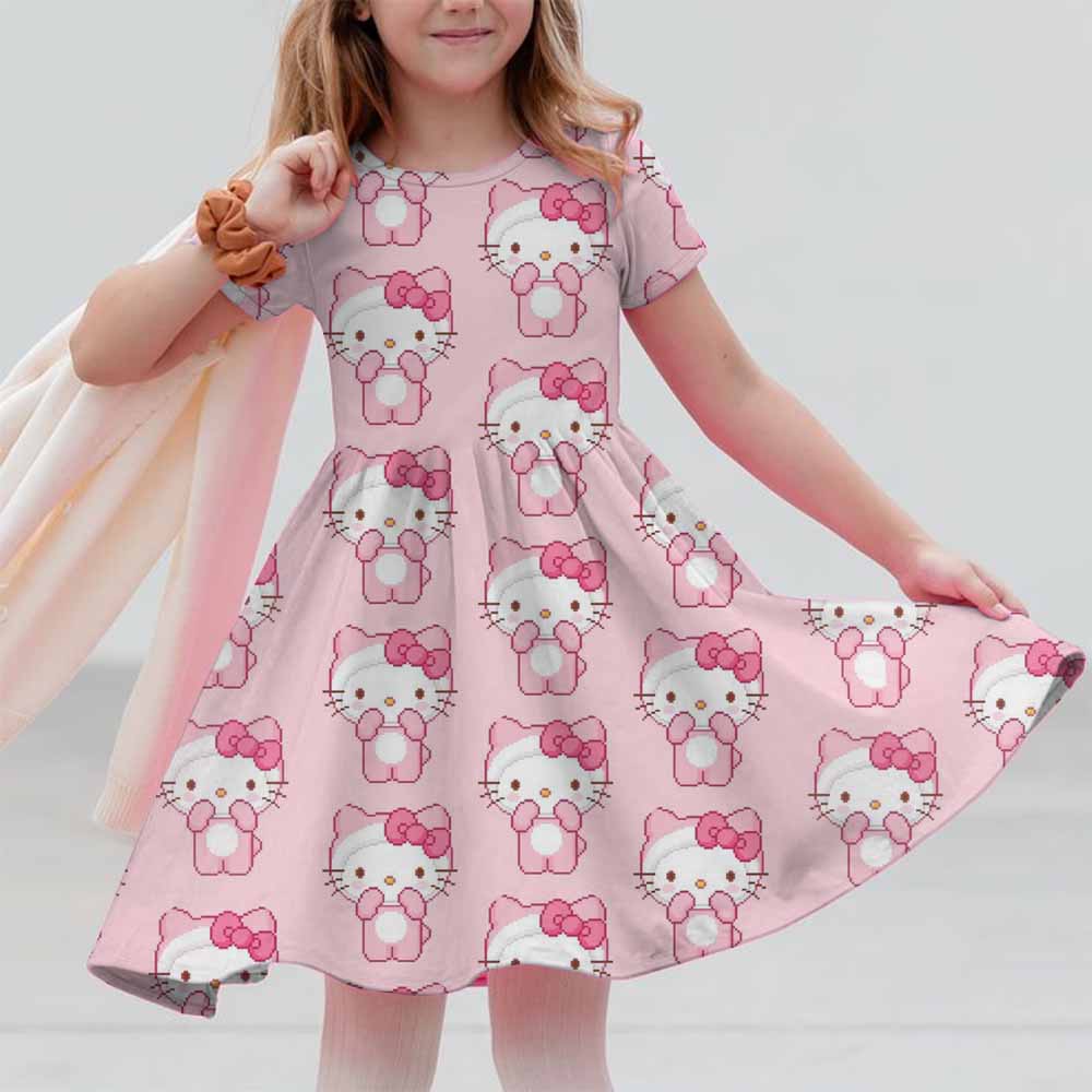 Sanrio New Summer 3-14 Year Old Girl Kuromi Hello Kitty Printed Short Sleeved Dress Loose And Comfortable Party Home Dress