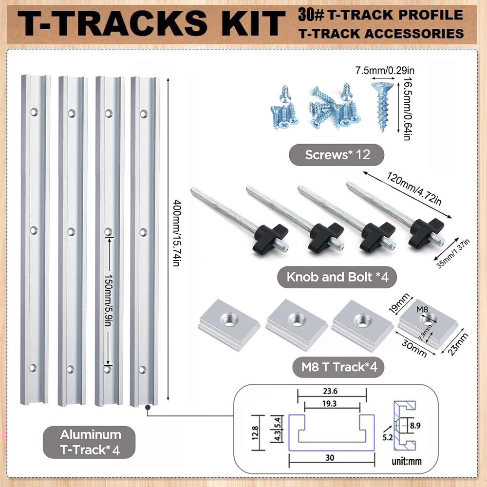 

Woodworking 30# T-track Kit with Accessories Aluminum T-tracks Slot Miter Track for Router Table Workbench DIY Tools срібний