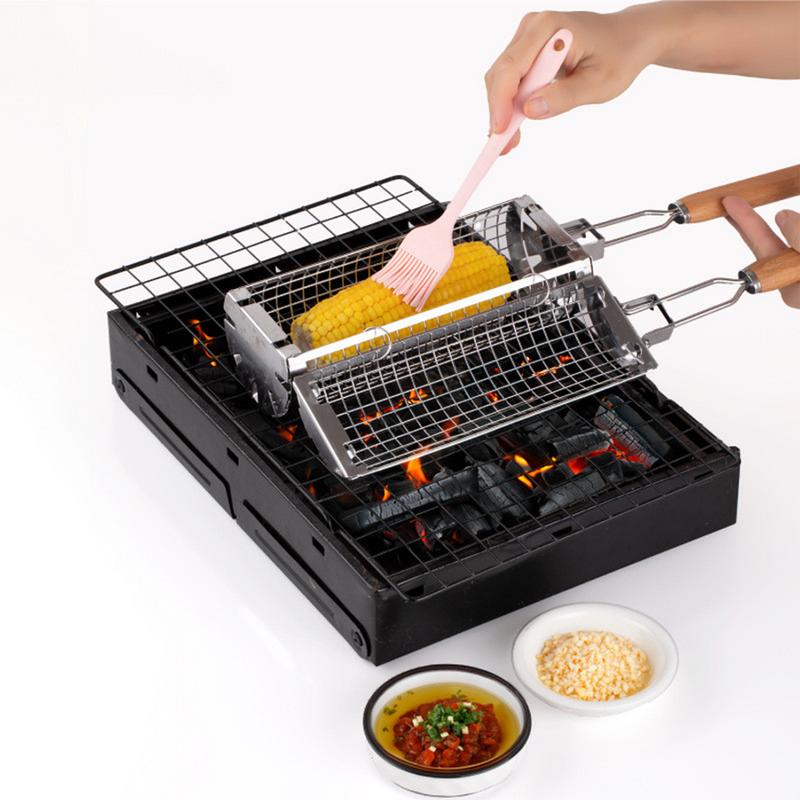 Grill Baskets for Outdoor Grill Stainless Steel Rolling Grilling Basket Portable Outdoor Camping BBQ Rack with Wood Handle