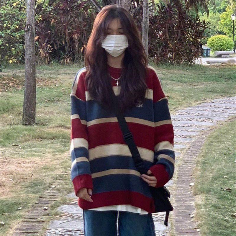 Lazy Style Sweater with Loose and High-end Knitted Stripes Women's College Style Versatile Striped Long Sleeved Top Trendy