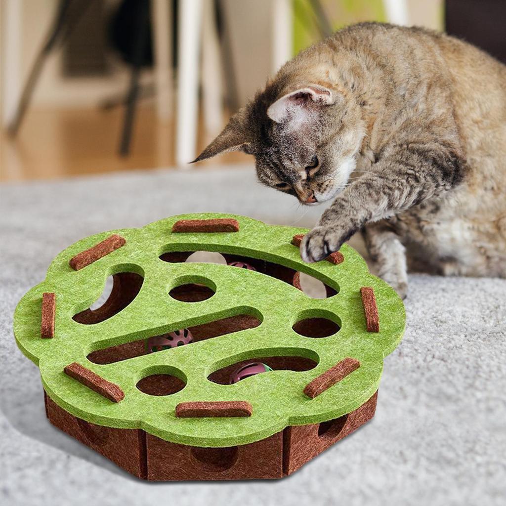 Interactive Cat Puzzle Toy with Digging Holes - Self Amusing Maze Box Bell Ball Mental Enrichment for Kittens Felt Material