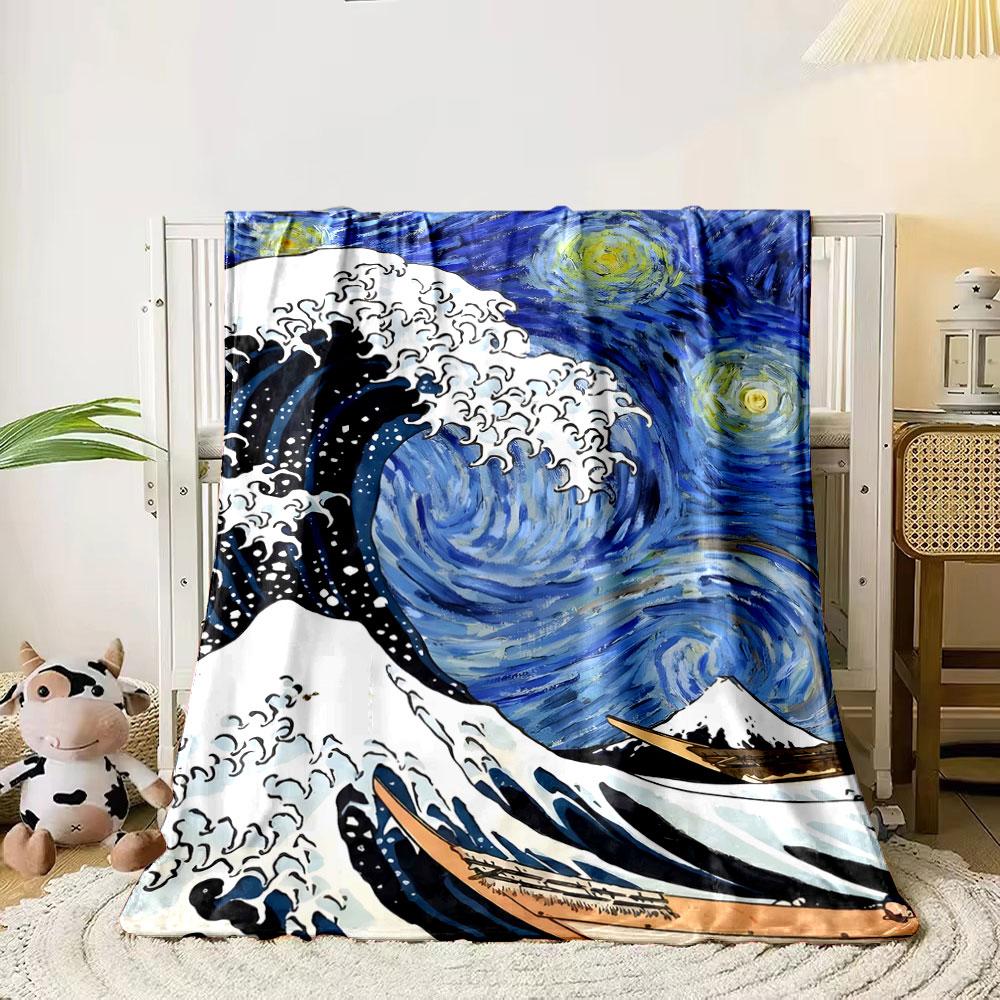 A fusion of swirling waves, starry night sky, and boats near a mountain. for all seasons blanket lunch break throw gift 80cm x 120cm