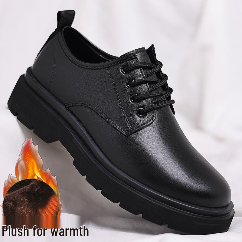 Men's Black Leather Derby Shoes, Casual Spring Style with Thick Soles, Low-Top Formal Wedding Martin Boots.
